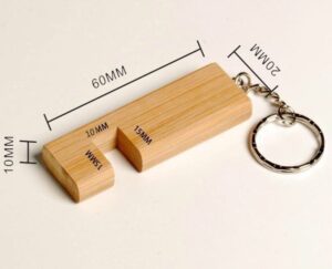 Compact wooden keychain mobile stand with precise measurements – 60mm x 20mm x 10mm