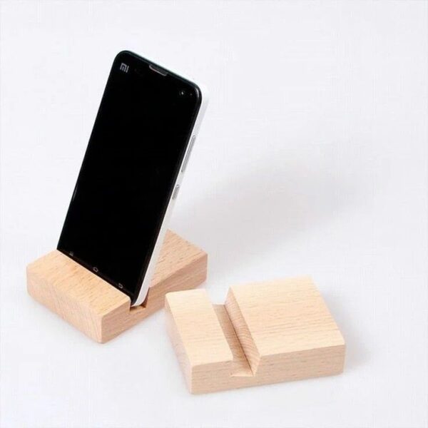 Woodlines wooden mobile stand flat lay – natural wood phone holder for desk or bedside in Pakistan